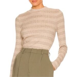 VINCE Variegated Rib Striped Mock Neck Top - Beige & Brown Lightweight Sweater
